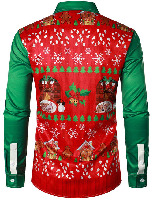 Men's Christmas Themed Print Green and Red Long Sleeve Shirt
