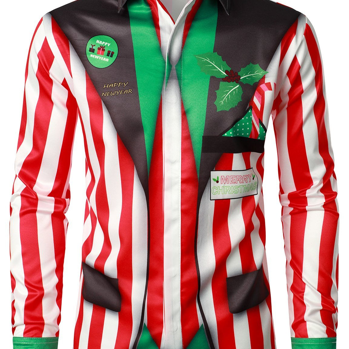 Men's Christmas Regular Fit Red and White Striped Candy Cane Long Sleeve Ugly Funny Shirt