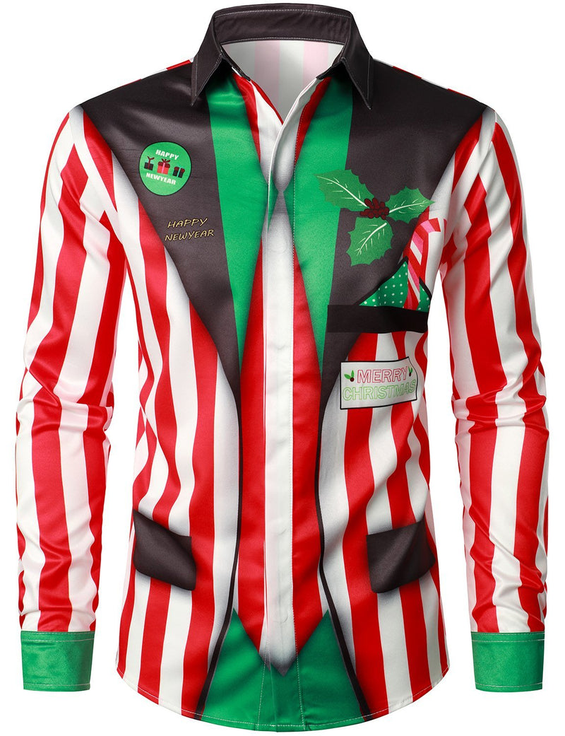 Men's Christmas Regular Fit Red and White Striped Candy Cane Long Sleeve Ugly Funny Shirt