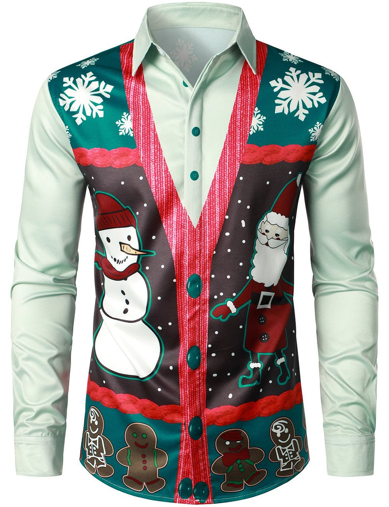 Men's Christmas Santa Claus Snowman Print Regular Fit Long Sleeve Shirt