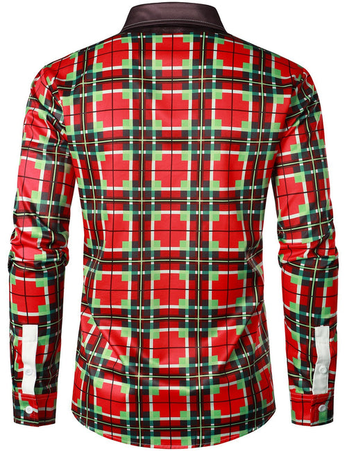 Men's Vintage Red And Green Plaid Funny Holiday Outfit Top Christmas Long Sleeve Shirt