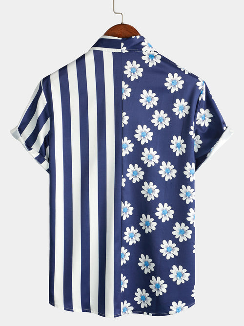 Men's Summer Navy Blue and White Striped & Daisy Floral Print Pocket Flower Short Sleeve Hawaiian Shirt