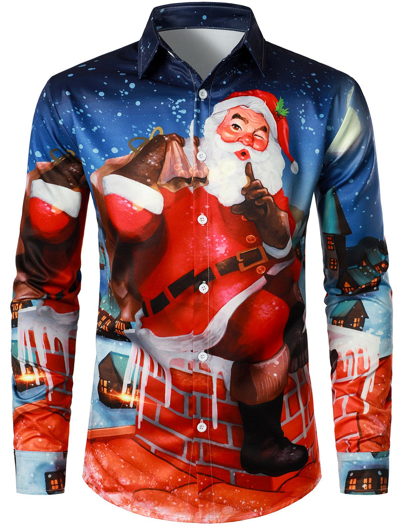 Men's Christmas Santa Claus Funny Print Regular Fit Long Sleeve Shirt