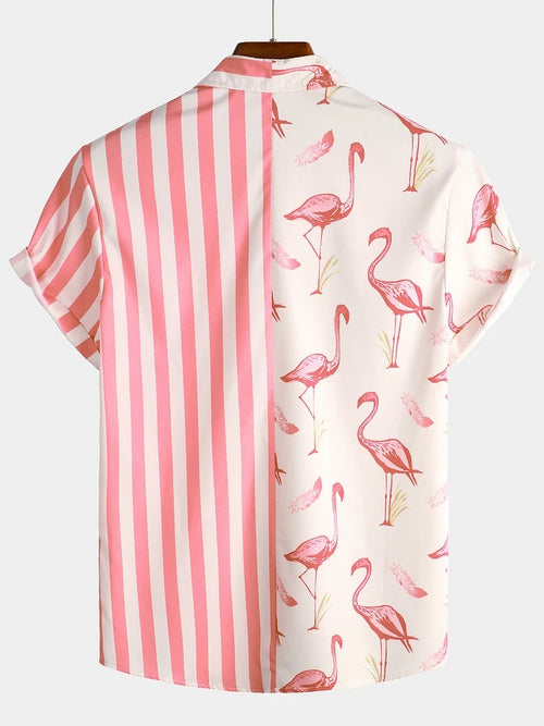 Men's Pink Flamingo & Striped Print Pocket Short Sleeve Shirt