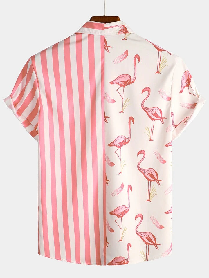 Men's Pineapple & Striped Print Holiday Short Sleeve Shirt