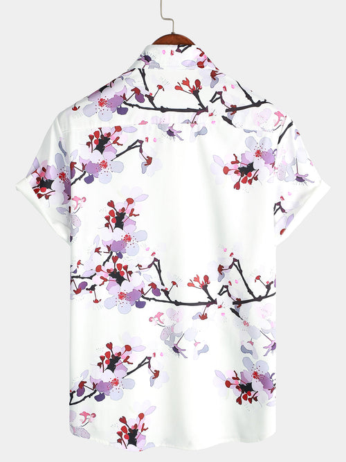 Men's Floral Print Lapel Button Holiday Short Sleeve Shirt