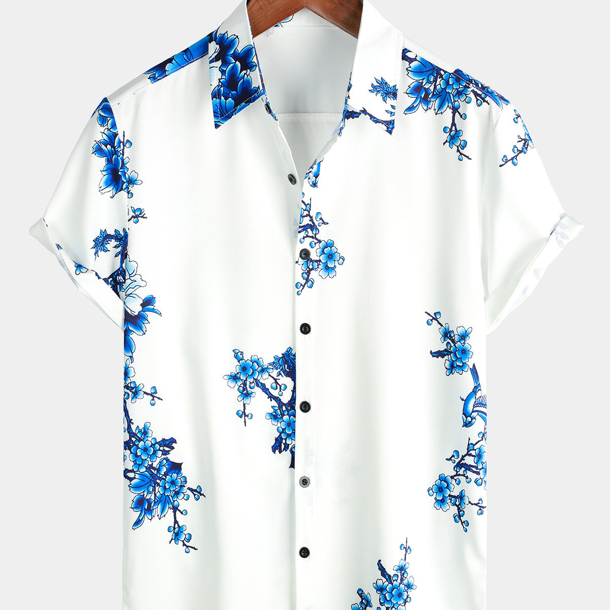 Men's Blue Floral Printed Button Up Short Sleeve Casual Shirt