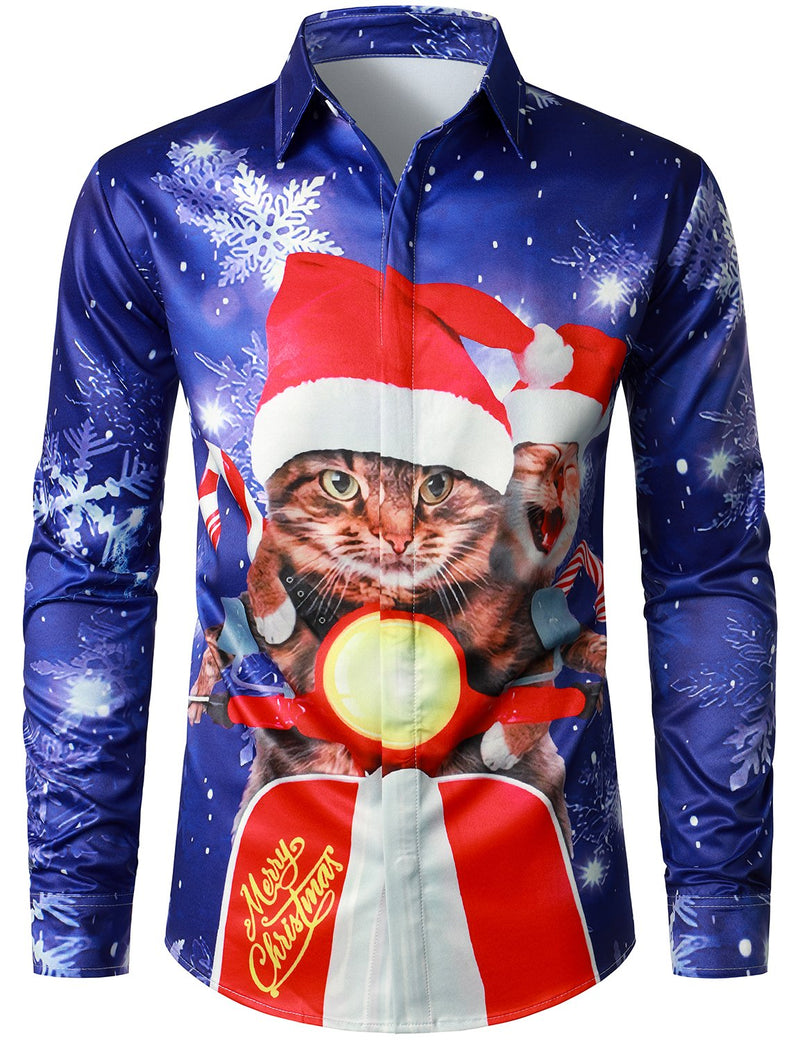 Men's Christmas Print Cats Regular Fit Long Sleeve Shirt