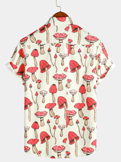 Men's Mushroom Plant Print Holiday Short Sleeve Shirt