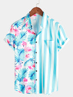 Men's Striped & Flamingo Print Light Blue Hawaiian Pocket Short Sleeve Shirt