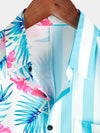 Men's Striped & Flamingo Print Light Blue Hawaiian Pocket Short Sleeve Shirt