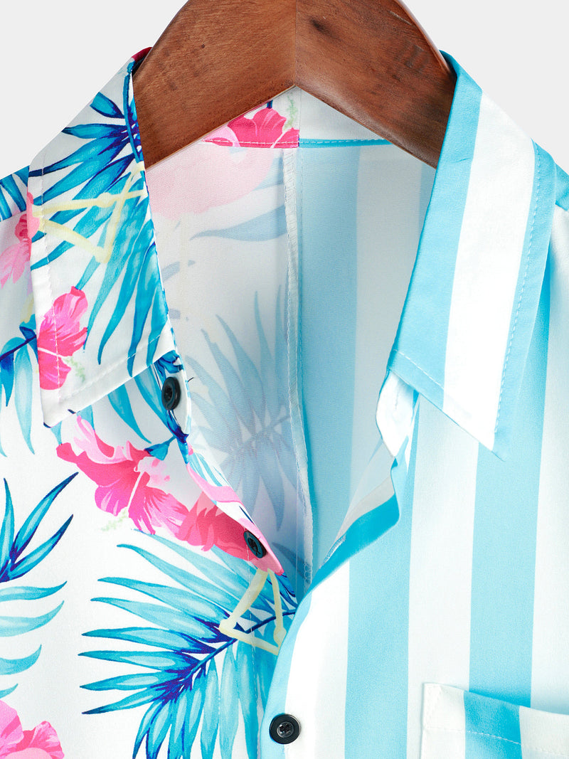 Men's Striped & Flamingo Print Light Blue Hawaiian Pocket Short Sleeve Shirt
