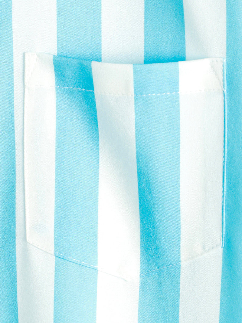 Men's Striped & Flamingo Print Light Blue Hawaiian Pocket Short Sleeve Shirt