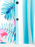 Men's Striped & Flamingo Print Light Blue Hawaiian Pocket Short Sleeve Shirt