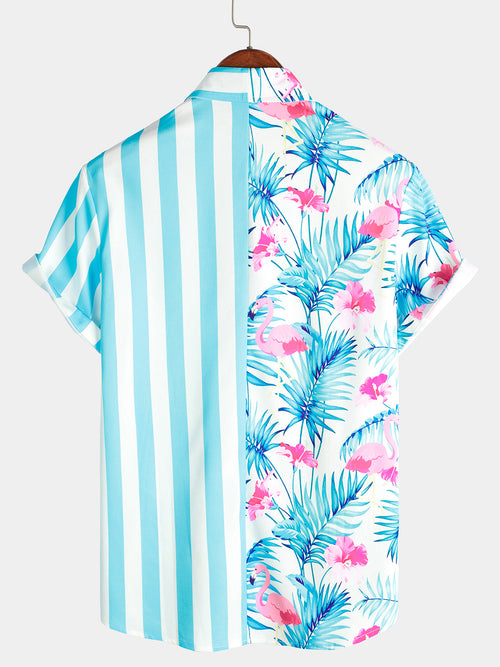 Men's Striped & Flamingo Print Light Blue Hawaiian Pocket Short Sleeve Shirt