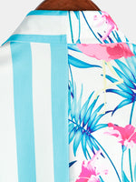 Men's Striped & Flamingo Print Light Blue Hawaiian Pocket Short Sleeve Shirt