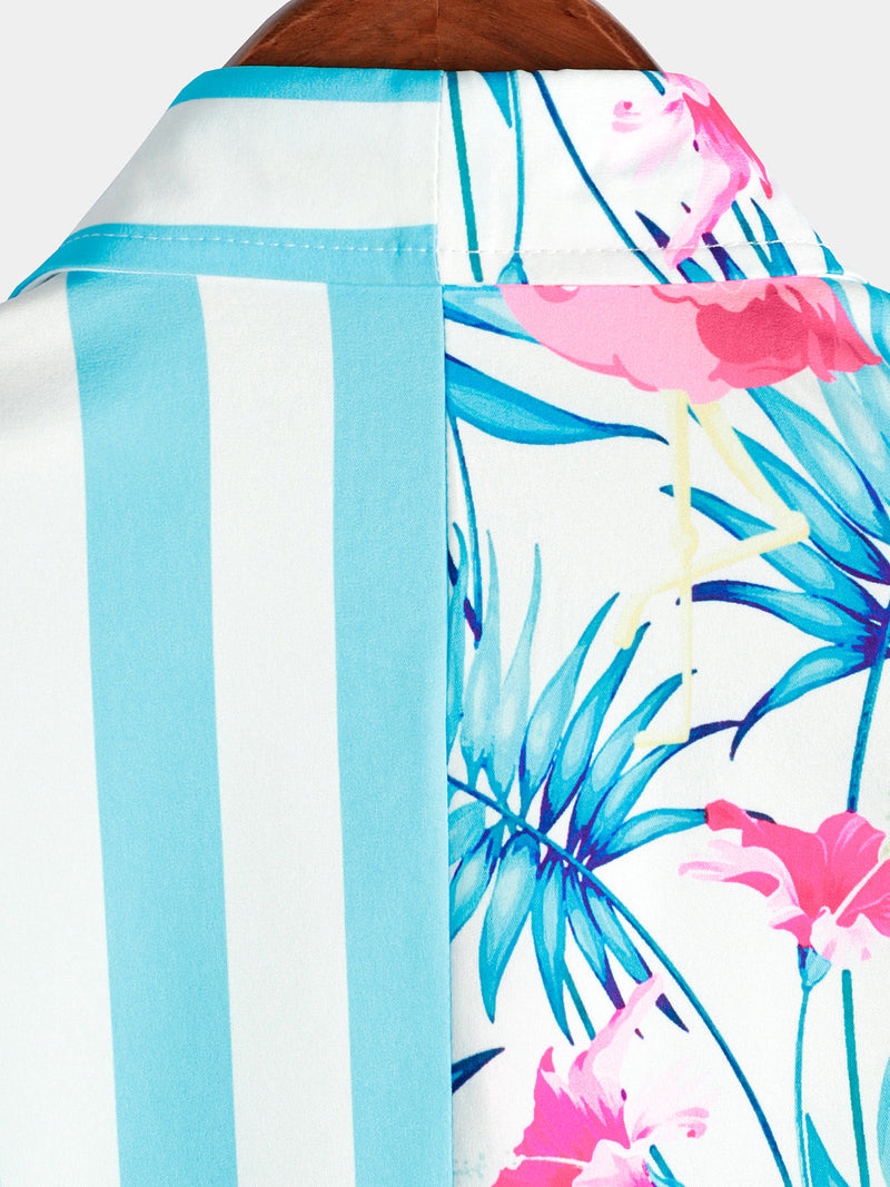 Men's Striped & Flamingo Print Light Blue Hawaiian Pocket Short Sleeve Shirt