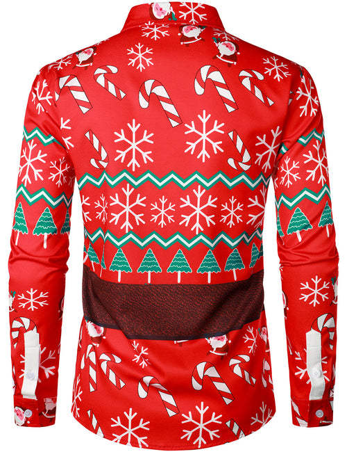Men's Christmas Candy Snowflake Print Santa Claus Red Funny Outfit Long Sleeve Shirt