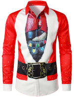 Men's Red Christmas Belt Print Holiday Top Santa Claus Funny Long Sleeve Shirt