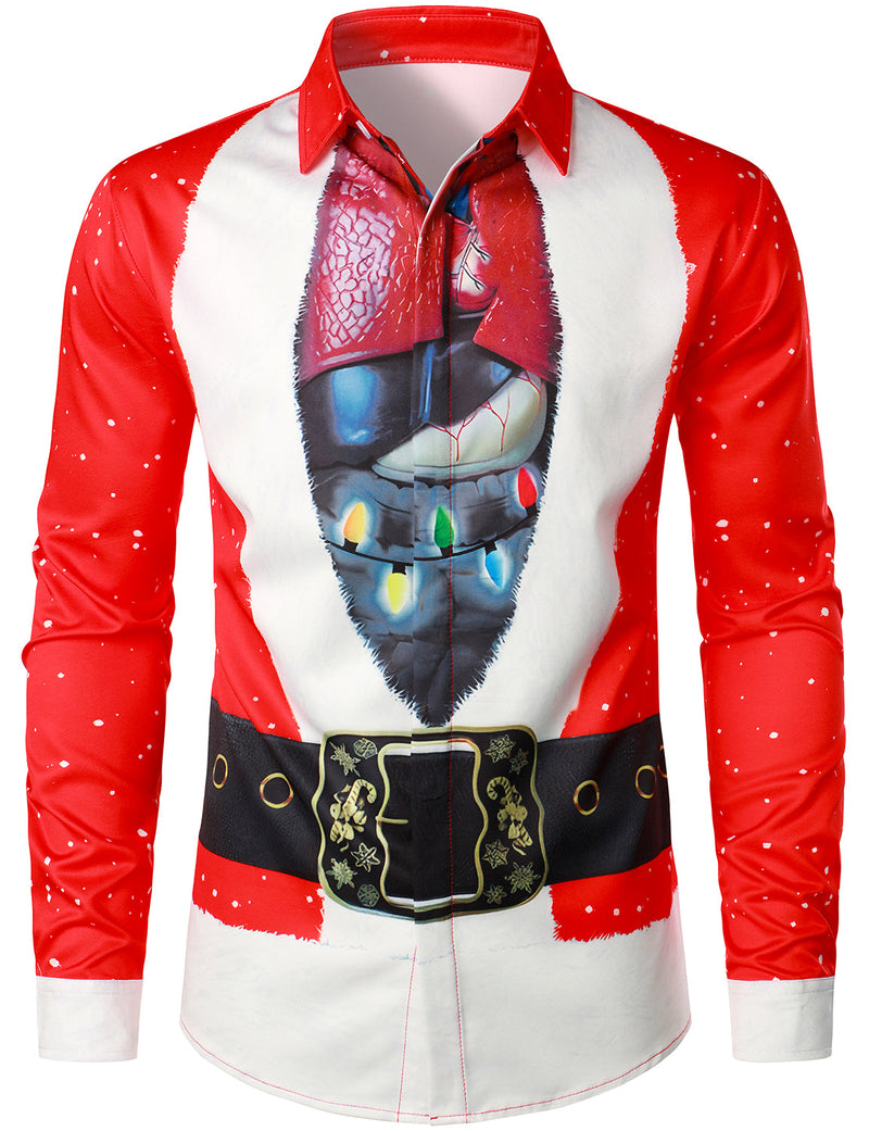 Men's Red Christmas Belt Print Holiday Top Santa Claus Funny Long Sleeve Shirt