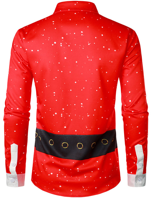 Men's Red Christmas Belt Print Holiday Top Santa Claus Funny Long Sleeve Shirt