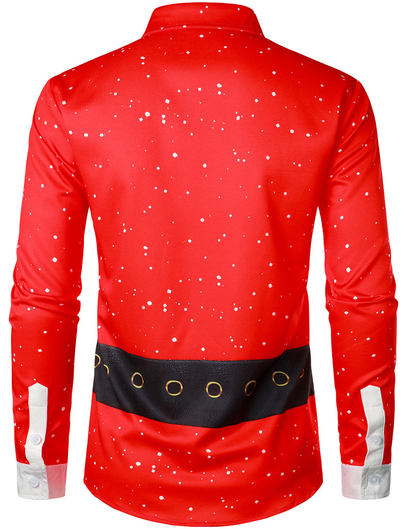 Men's Red Christmas Belt Print Holiday Top Santa Claus Funny Long Sleeve Shirt