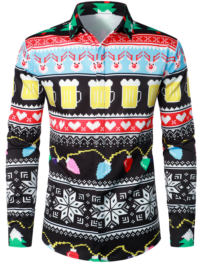 Men's Christmas Themed Beer Lapel Funny Long Sleeve Shirt