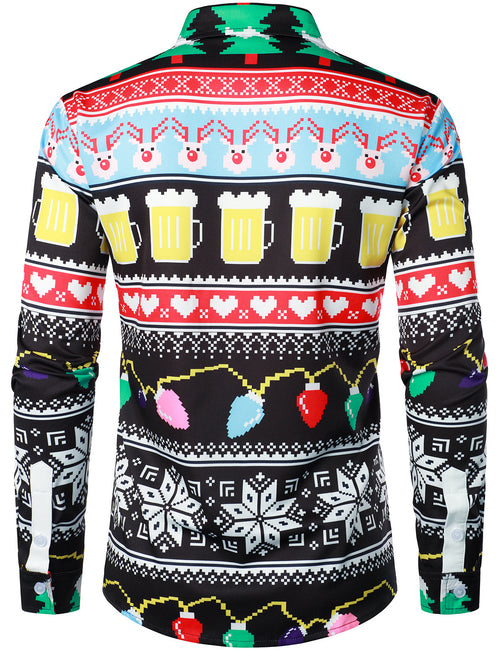 Men's Christmas Themed Beer Lapel Funny Long Sleeve Shirt