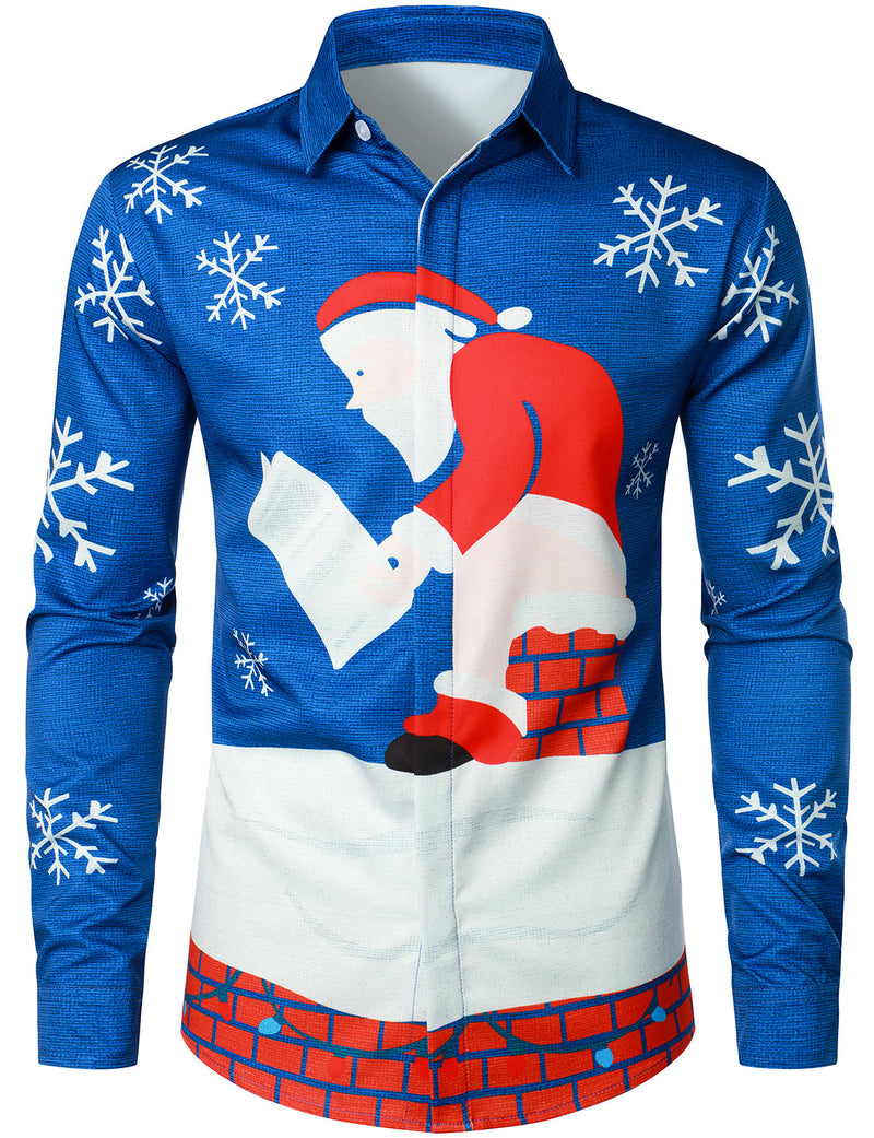 Men's Christmas Santa Button Up Blue Long Sleeve Shirt