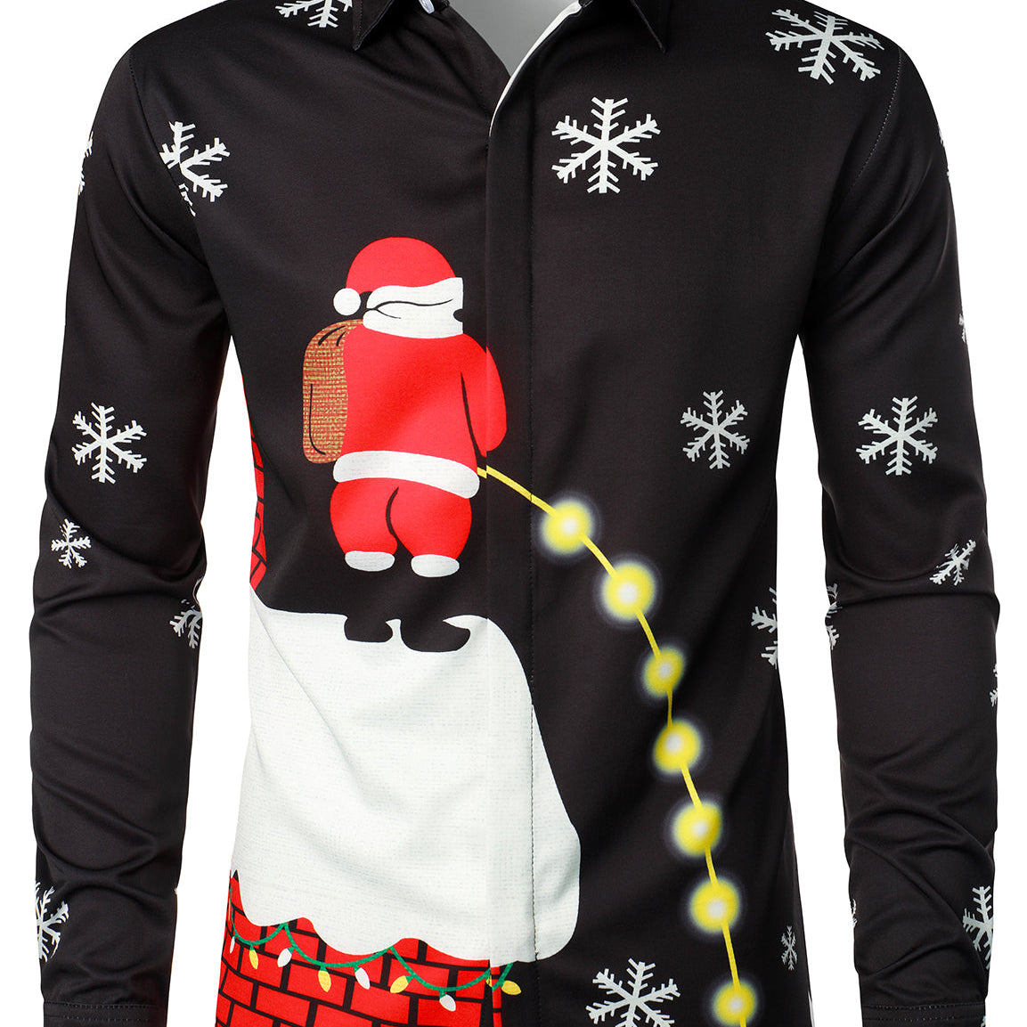 Men's Christmas Santa Button Up Black Novelty Long Sleeve Shirt