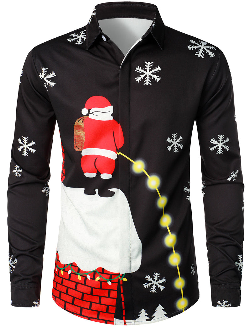 Men's Christmas Santa Button Up Black Novelty Long Sleeve Shirt