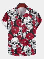 Men's Punk Rock Rose Flower Skull Print Short Sleeve Shirt