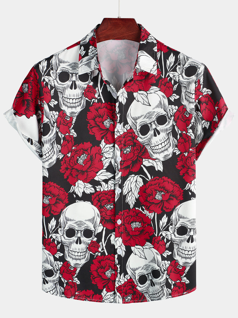 Men's Punk Rock Rose Flower Skull Print Short Sleeve Shirt
