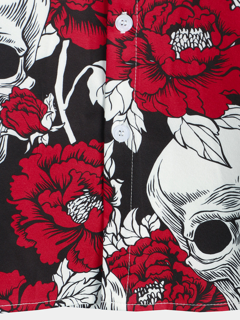 Men's Punk Rock Rose Flower Skull Print Short Sleeve Shirt