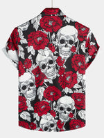 Men's Punk Rock Rose Flower Skull Print Short Sleeve Shirt