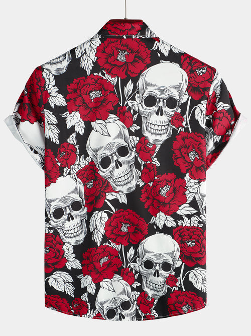 Men's Punk Rock Rose Flower Skull Print Short Sleeve Shirt