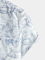 Men's Summer Retro Floral Print Pocket Floral Short Sleeve Button Up White Hawaiian Shirt