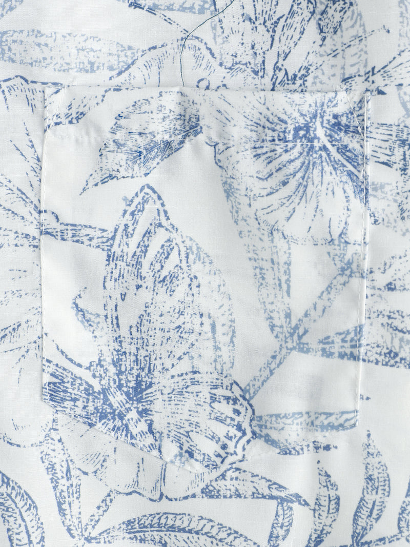 Men's Summer Retro Floral Print Pocket Floral Short Sleeve Button Up White Hawaiian Shirt