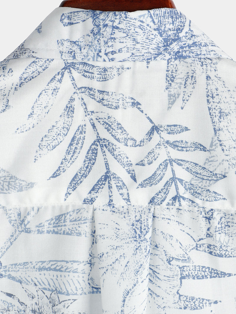 Men's Summer Retro Floral Print Pocket Floral Short Sleeve Button Up White Hawaiian Shirt