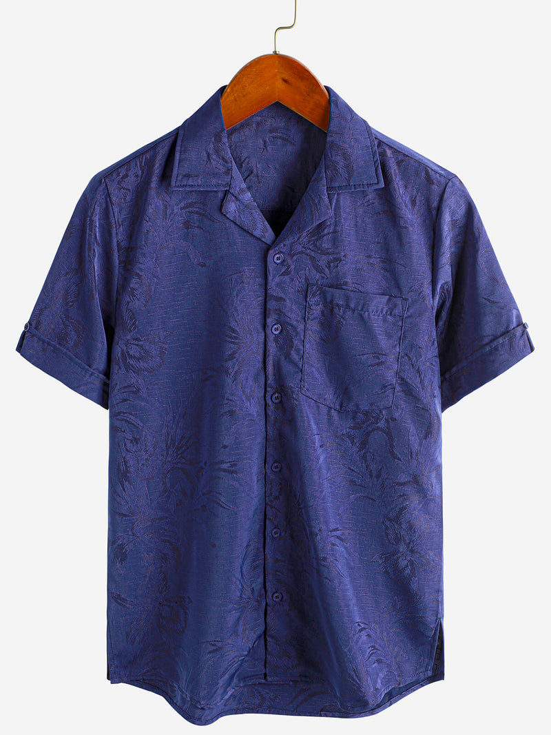 Men's Hawaiian Floral Pocket Jacquard Button Up Short Sleeve Summer Cuban Collar Camp Shirt