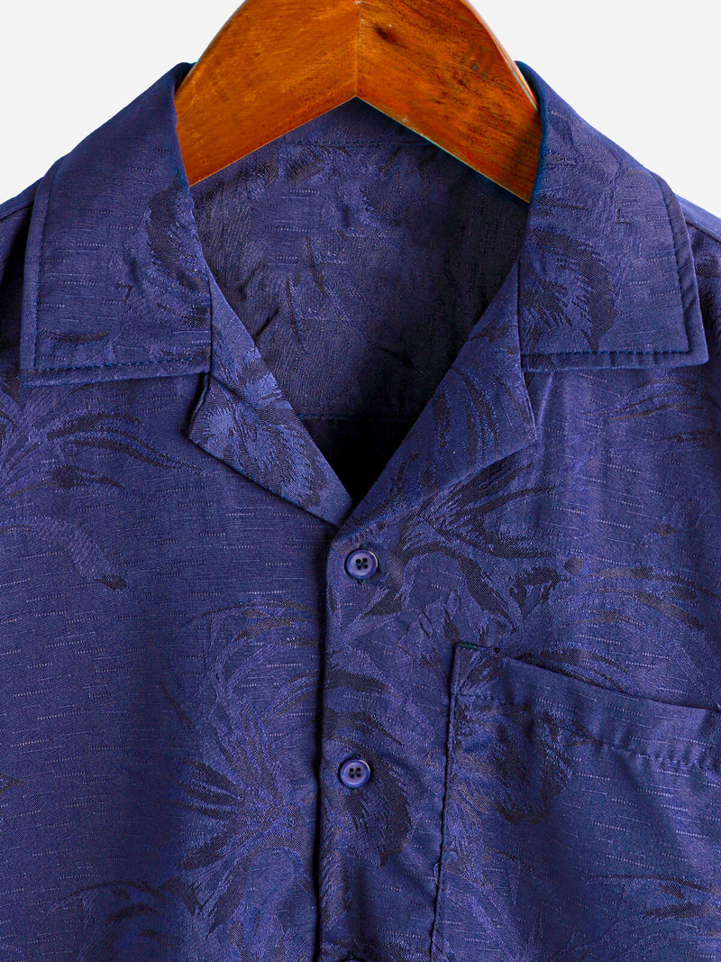 Men's Hawaiian Floral Pocket Jacquard Button Up Short Sleeve Summer Cuban Collar Camp Shirt