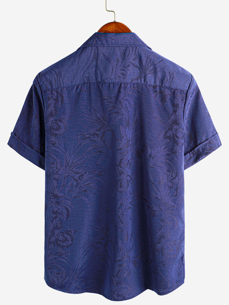 Men's Hawaiian Floral Pocket Jacquard Button Up Short Sleeve Summer Cuban Collar Camp Shirt