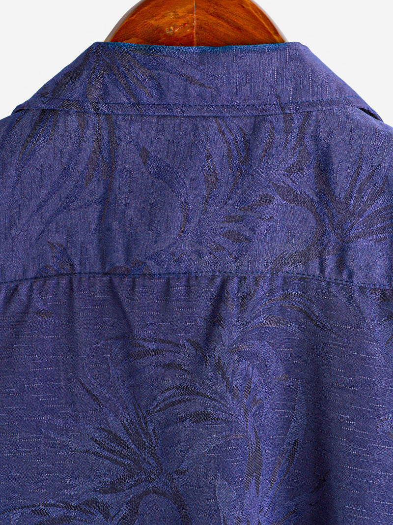 Men's Hawaiian Floral Pocket Jacquard Button Up Short Sleeve Summer Cuban Collar Camp Shirt