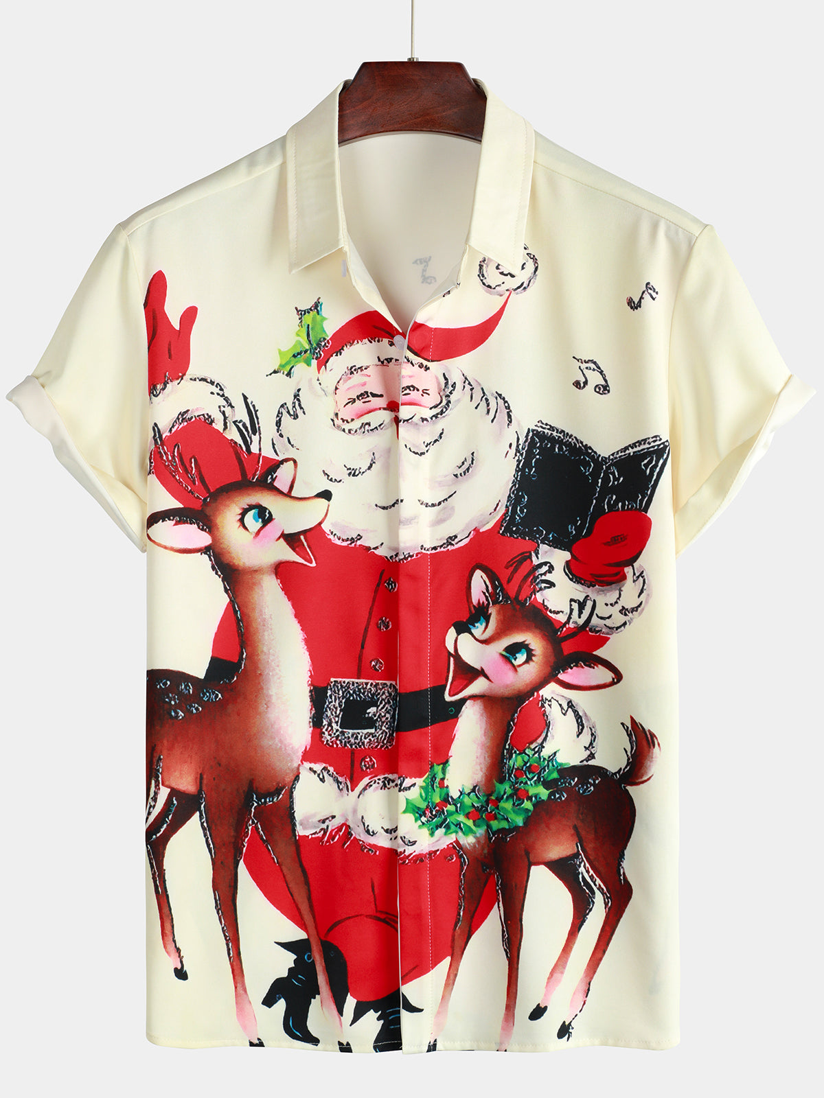 Men's Beige Vintage Santa Claus Elk Print Xmas Short Sleeve Christmas Shirt