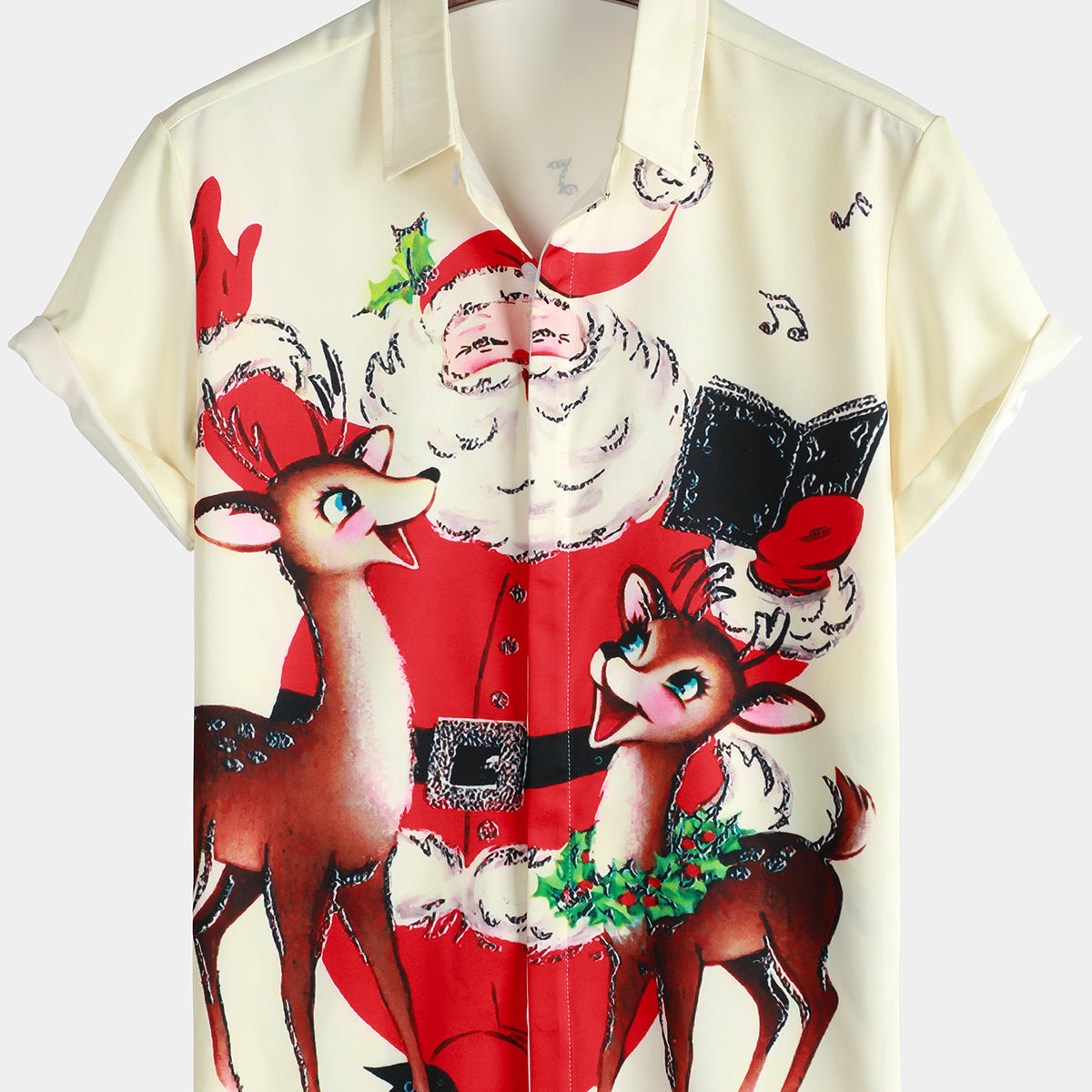 Men's Beige Vintage Santa Claus Elk Print Xmas Short Sleeve Christmas Shirt