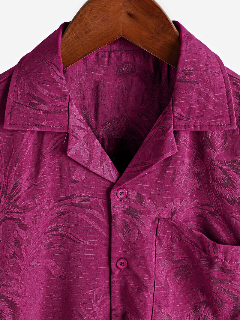 Men's Hawaiian Floral Pocket Jacquard Button Up Short Sleeve Summer Cuban Collar Camp Shirt
