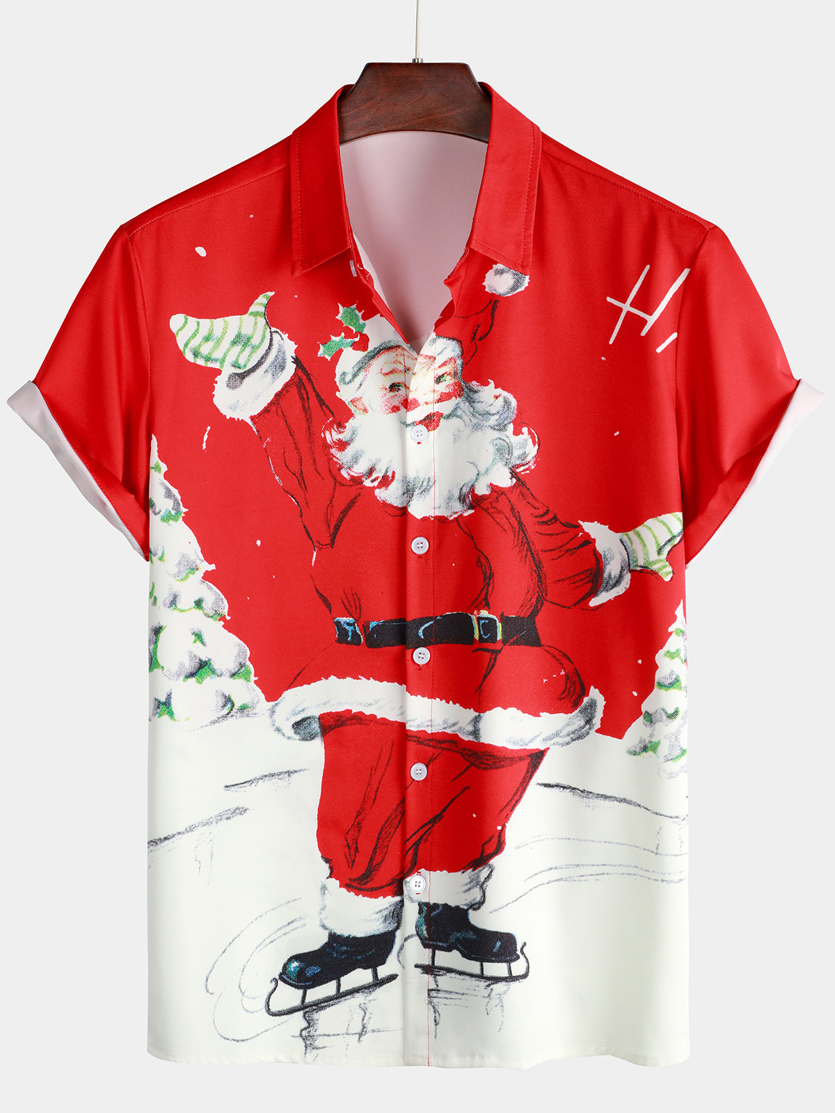 Men's VIntage Snow Santa Claus Red Short Sleeve Christmas Shirt