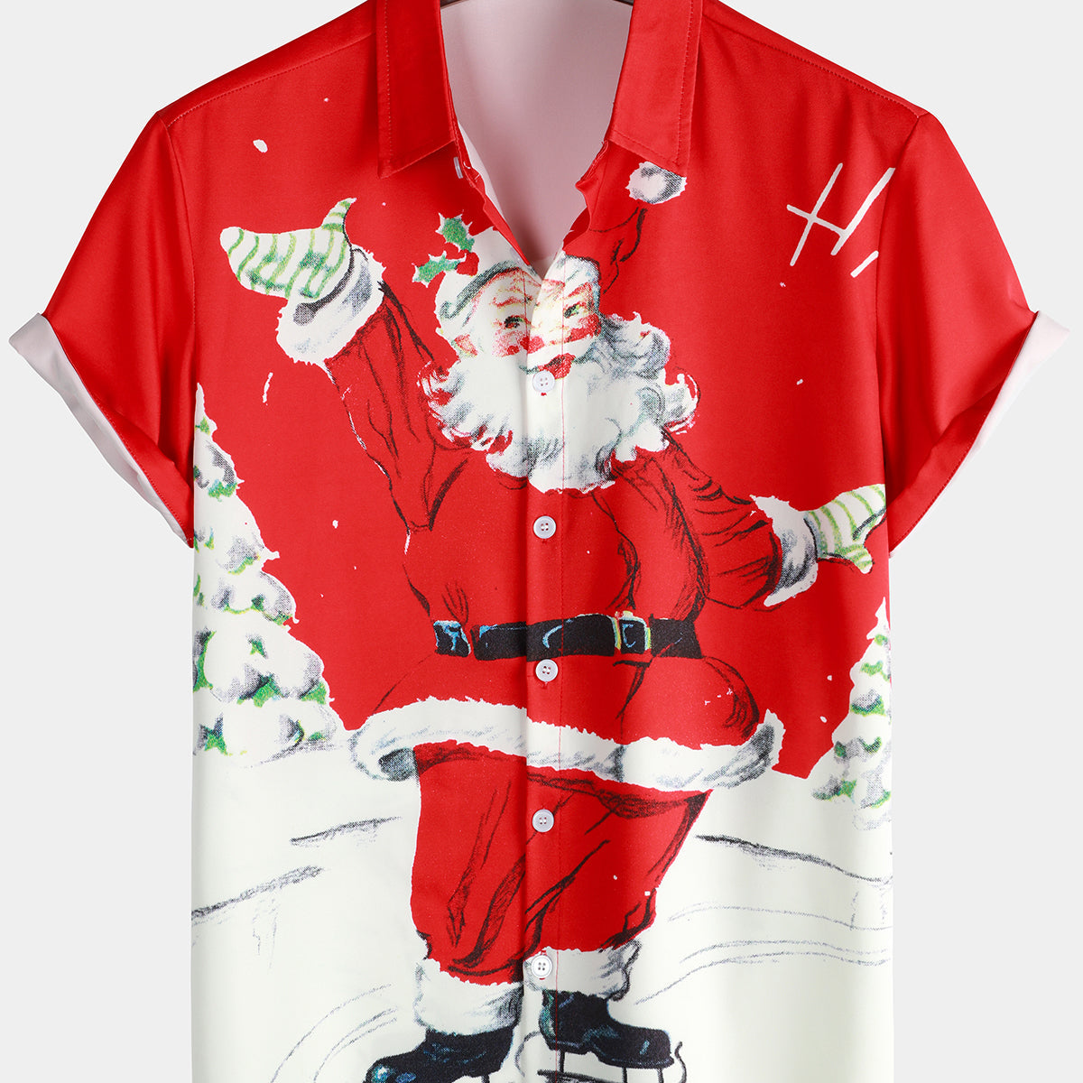 Men's VIntage Snow Santa Claus Red Short Sleeve Christmas Shirt