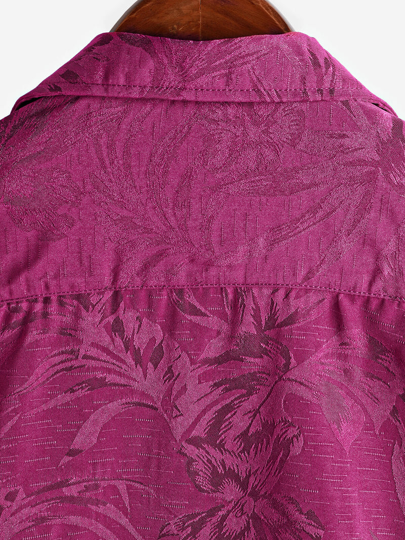 Men's Hawaiian Floral Pocket Jacquard Button Up Short Sleeve Summer Cuban Collar Camp Shirt