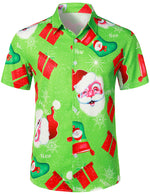 Men's Vintage Santa Claus And Gift Print Costume Green  Funny Christmas Themed Short Sleeve Shirt